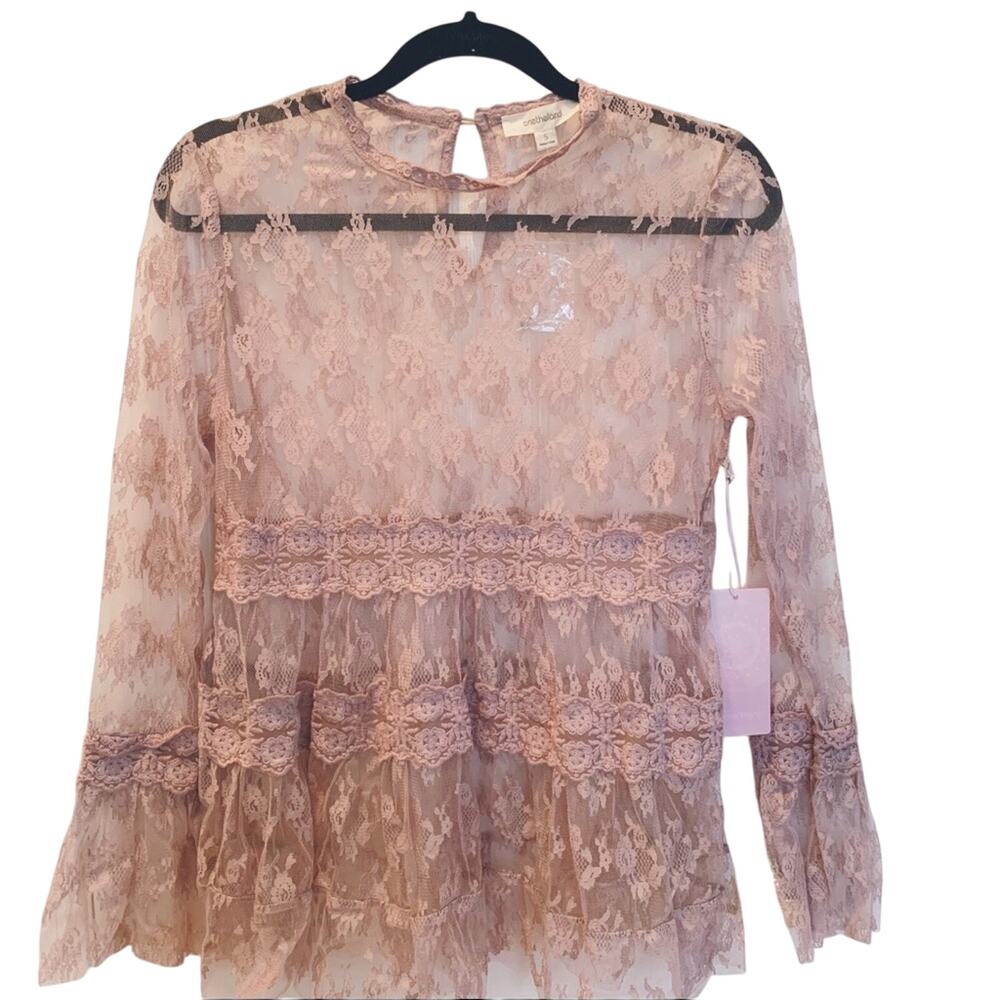 Onetheland Mauve Sheer Lace Trumpet Sleeve Top Small - Picture 1 of 5